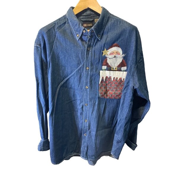 Vintaga 90s Faded Glory Button Down Santa Chimney Denim Top Sz XL - Picture 1 of 7